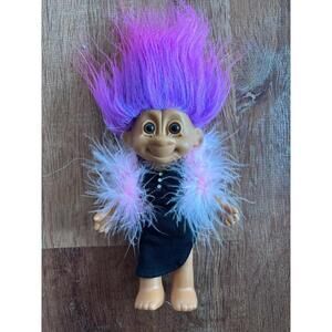 Troll Doll Vintage Russ Troll TRACEY jointed Purple hair black dress & boa